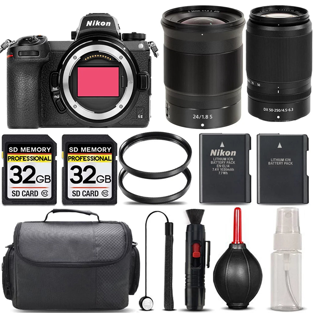 Nikon Z6 II Mirrorless with 50-250mm f/4.5-6.3 VR Lens + 24mm f/1.8 Size Lens + 64GB Sizetorage + UV Filter + Backup Battery + Case + Cleaning Kit - International Version