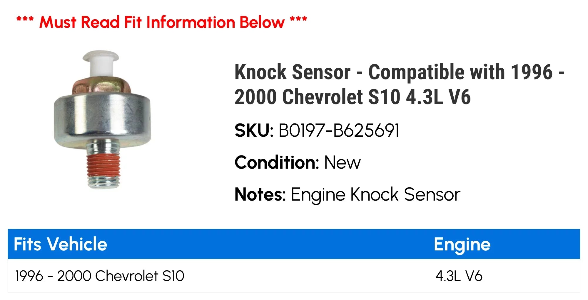 Knock Sizeensor - Compatible with 1996 - 2000 Chevy Size10 4.3L V6 1997 1998 1999