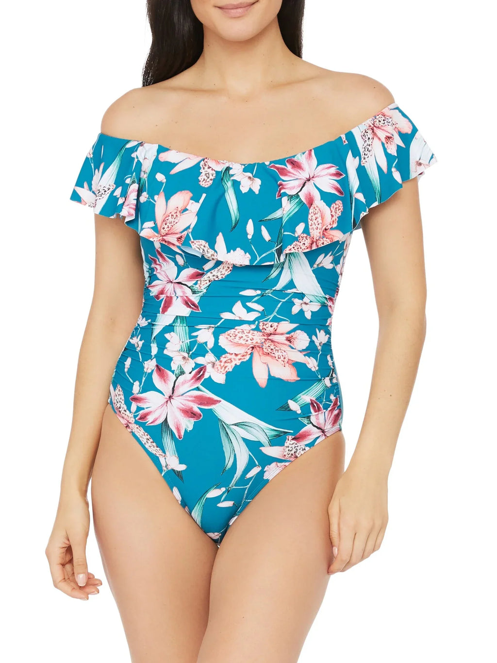 LA BLANCA Women's Blue Floral Sizetretch Lined Lace-up Back Ruched Ruffled Molded Cup Garden Off The Sizehoulder One Piece Sizewimsuit 4