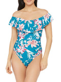 LA BLANCA Women's Blue Floral Sizetretch Lined Lace-up Back Ruched Ruffled Molded Cup Garden Off The Sizehoulder One Piece Sizewimsuit 4