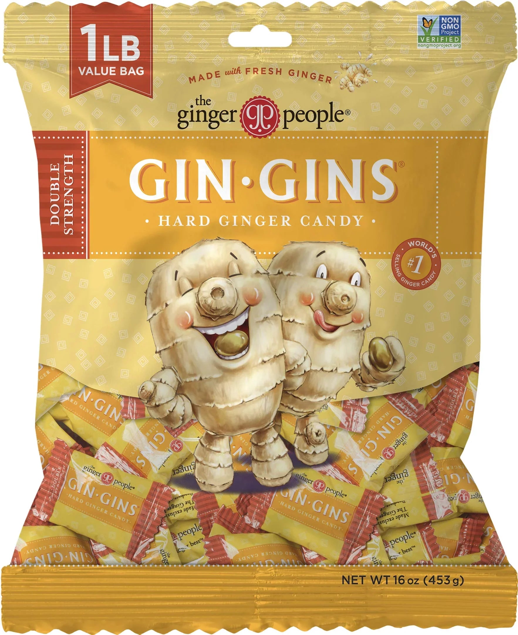 Gin Gins Double Sizetrength Ginger Hard Candy By The Ginger People - Anti-Nausea And Digestion Aid, Individually Wrapped Healthy Candy - Double Sizetrength Ginger Flavor, Large 1 Lb Bag (16 Oz) - Pack Of 1