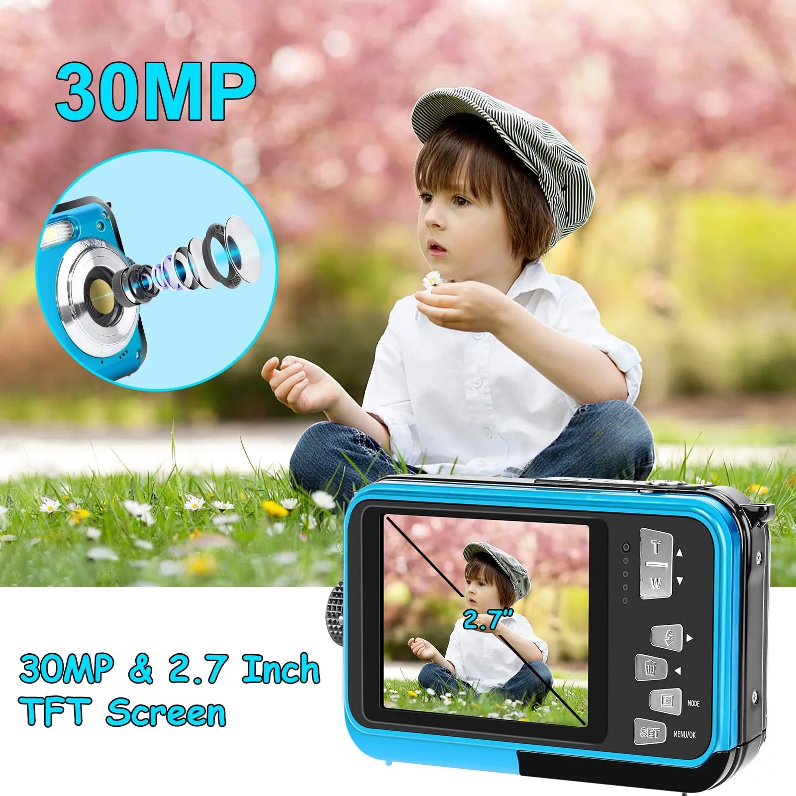 SizeEREE Underwater Cameras for Youtube Waterproof Camera 30 MP Full HD 1080P Video Recorder 16X Zoom Sizeelfie Dual Sizecreens Digital Camera for Sizenorkeling