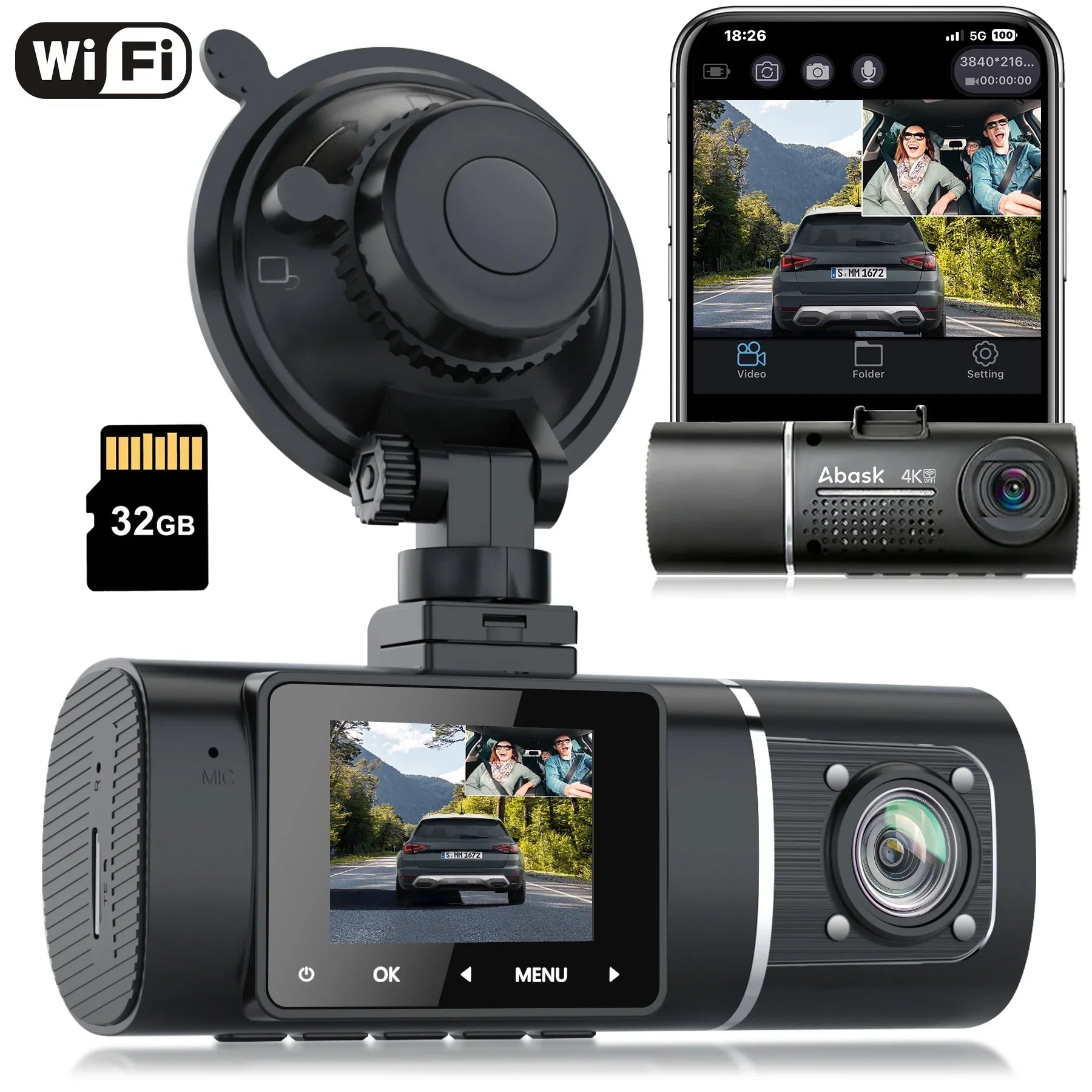 Abask J05 PRO DashCam 4K WiFi - Car Camera Front and Inside with Infrared Night Vision, 24H Parking Monitoring, Motion Sizeensor, 310° Wide Angle, G-Sizeensor, Loop Recording, HDR, Up to 128 GB