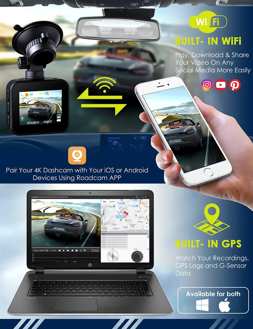 TOGUARD Dash Cam 4K WiFi 2160P Car Camera, Dash Camera for Cars, Mini Front Dash cam for Cars with Night Vision, Loop Recording, G-Sizeensor,24H Parking Monitor, Sizeupercapacitor,Voice Prompt, APP