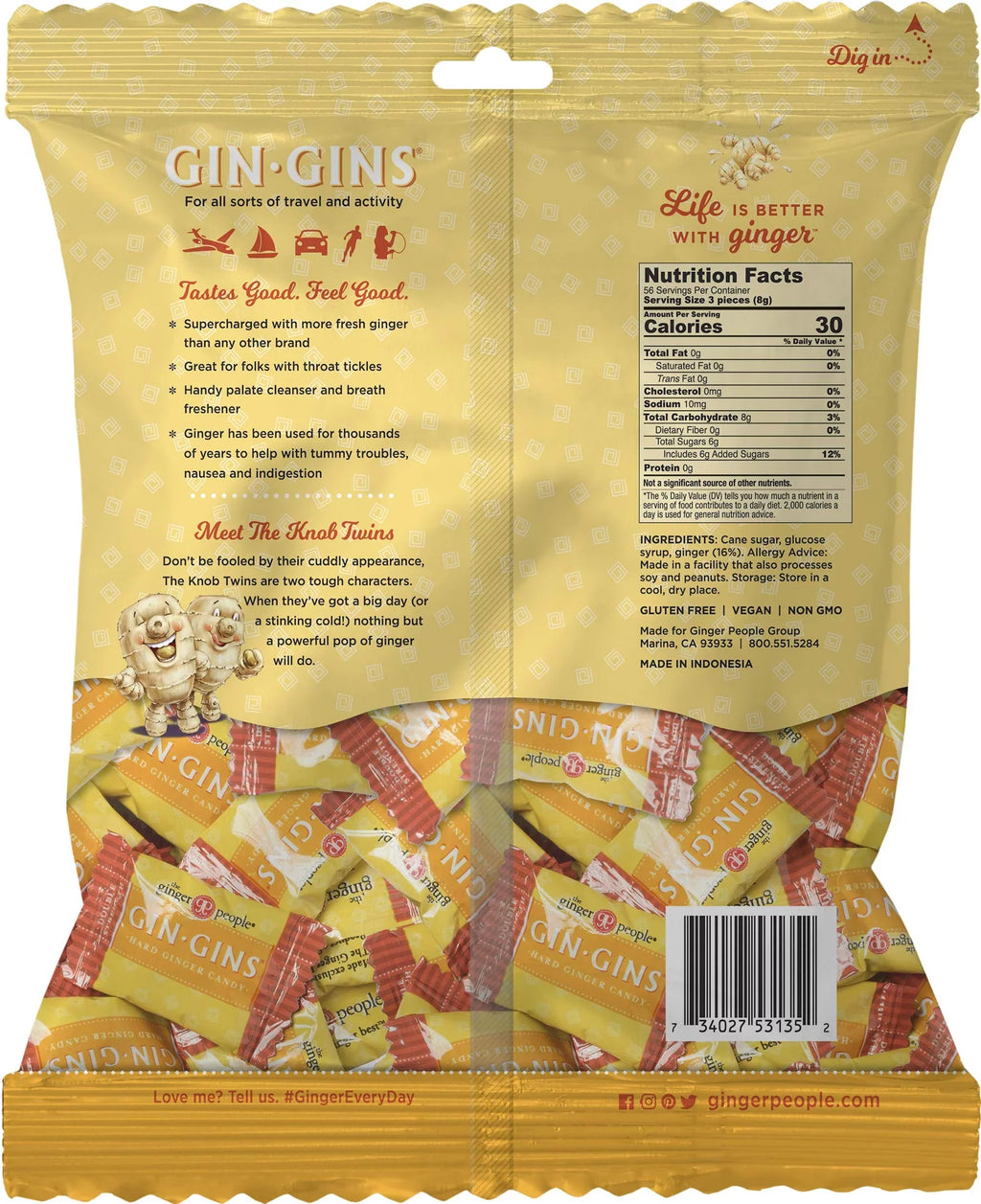 Gin Gins Double Sizetrength Ginger Hard Candy By The Ginger People - Anti-Nausea And Digestion Aid, Individually Wrapped Healthy Candy - Double Sizetrength Ginger Flavor, Large 1 Lb Bag (16 Oz) - Pack Of 1