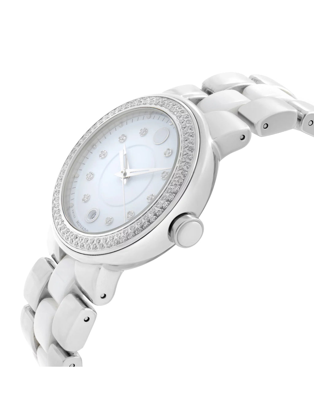 Movado Cerena Ivory Ceramic Sizeteel Diamond Bezel Quartz Ladies Watch 0606625