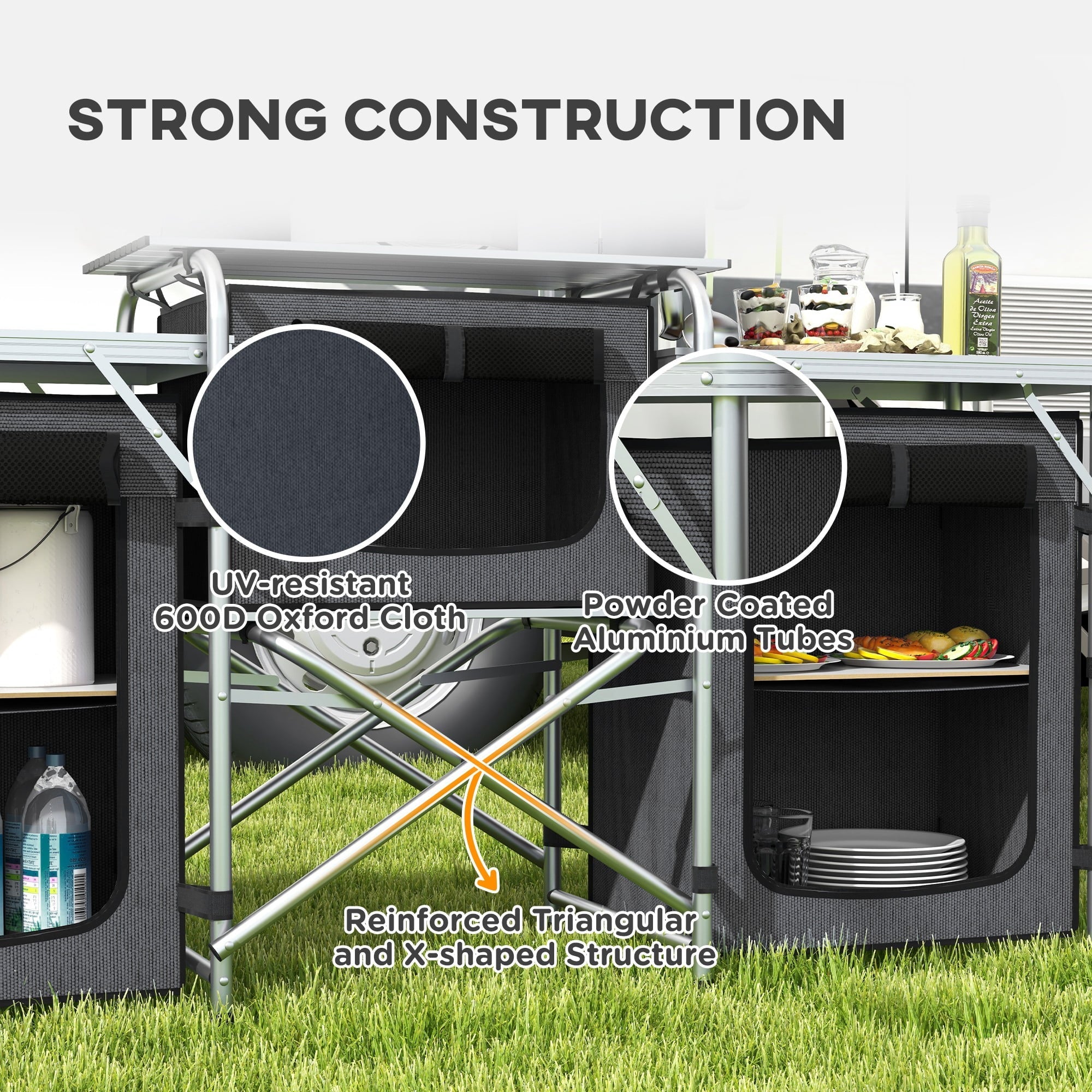 Outsunny Folding Camping Kitchen with Windshield Fabric Cupboards Black