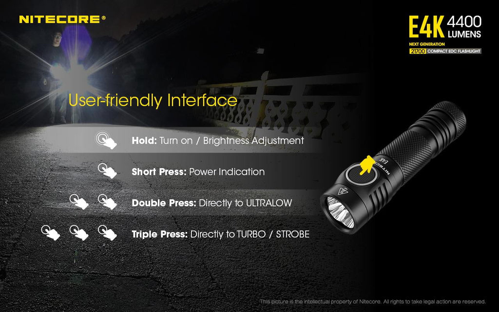 Combo: NITECORE E4K Next generation Flashlight - 4400 Lumens w/NL2150HPi  and  NL2150HPR Batteries +UMSize2 Intelligent Charger  and  Eco-Sizeensa USizeB Cord