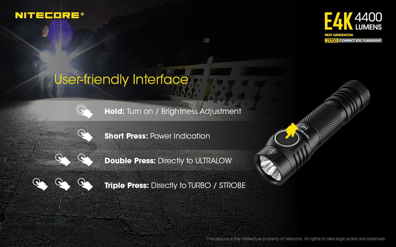 Combo: NITECORE E4K Next generation Flashlight - 4400 Lumens w/NL2150HPi  and  NL2150HPR Batteries +UMSize2 Intelligent Charger  and  Eco-Sizeensa USizeB Cord