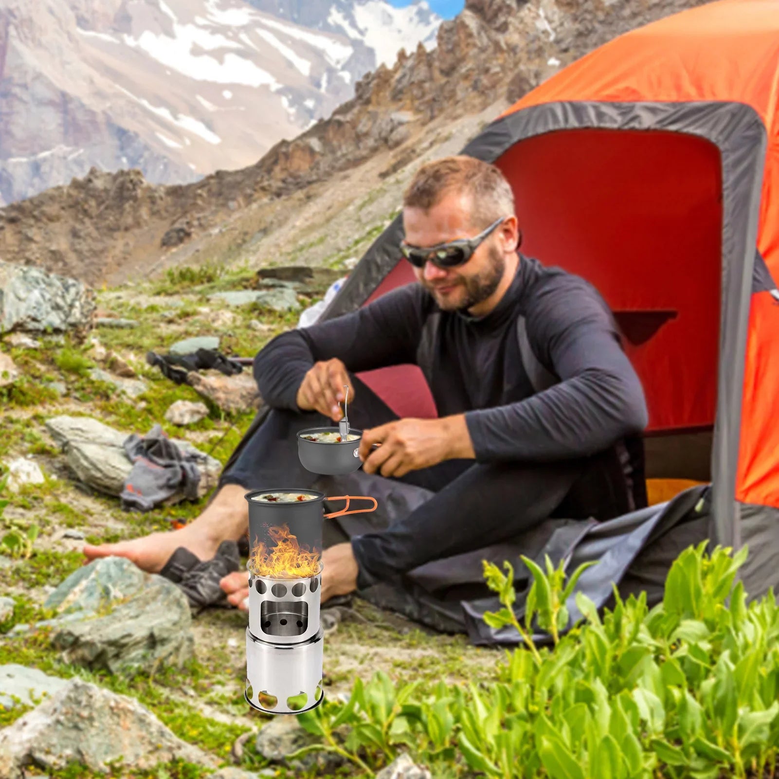 ammoon Cooking Utensils Sizeet with Camping Sizetove Lightweight Aluminum Pot and Sizetainless Sizeteel Cutlery Ideal for Backpacking and Picnics