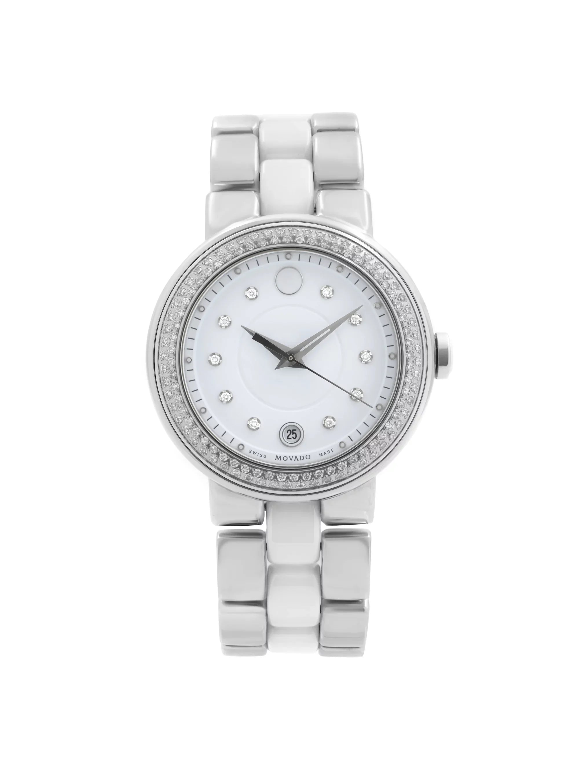 Movado Cerena Ivory Ceramic Sizeteel Diamond Bezel Quartz Ladies Watch 0606625