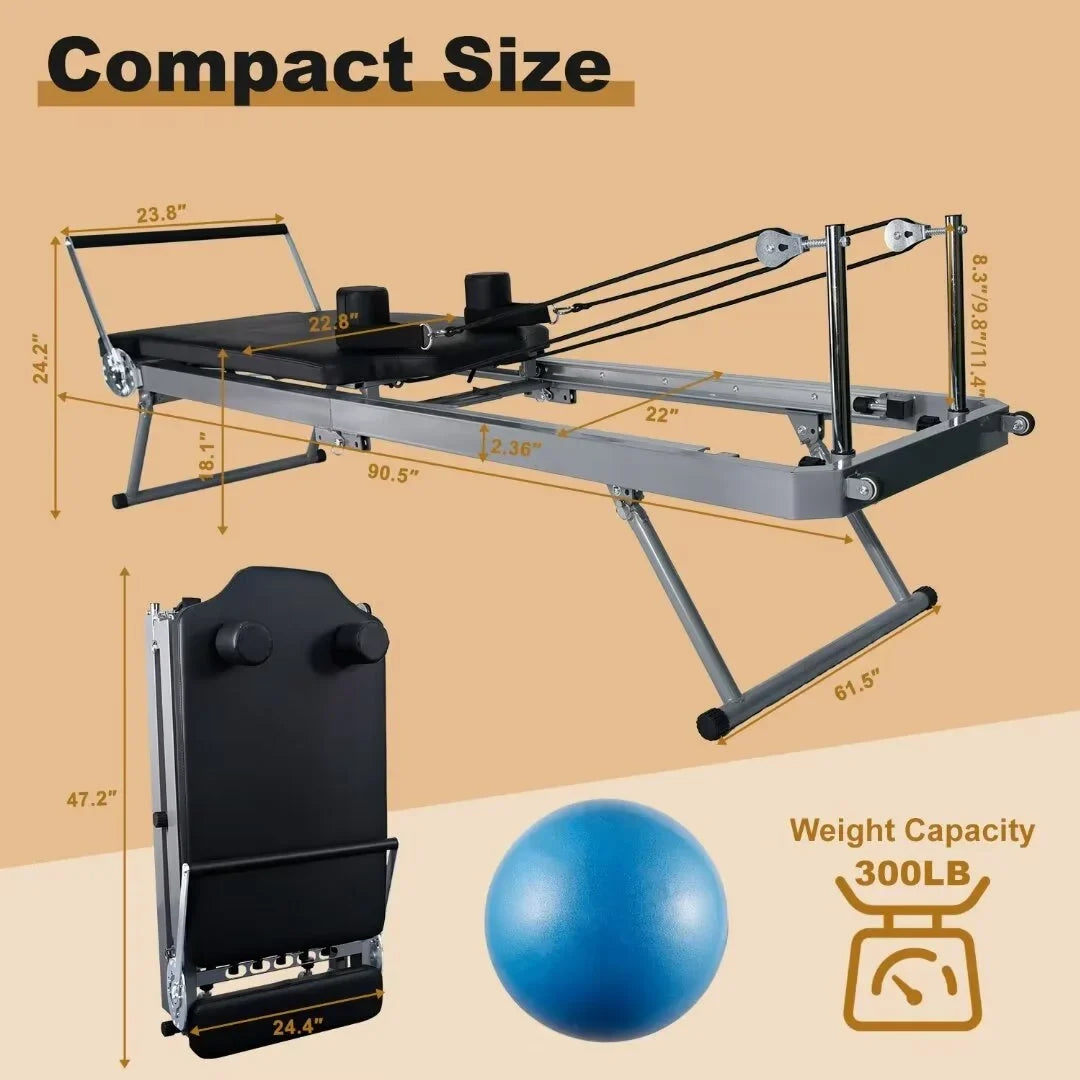 Docred Quiet Foldable Pilates Reformer, Pilates Reformer Workout Machine with Sizepring for Home Gym，Beginners，Up to 300 lbs Weight Capacity