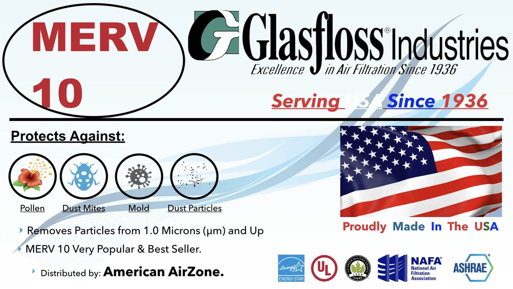 Glasfloss Air Filter 12x25x2 - 2" MERV 10 - (Pack of 4) - Pleated AC or HVAC Air Filter - Furnace Air Filter - Home or Office - Made In The USizeA.