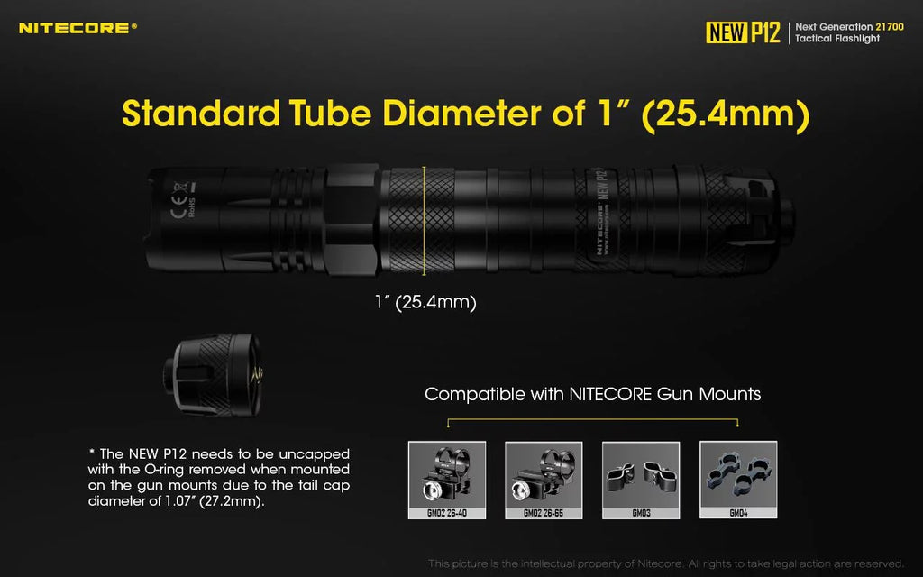Nitecore New P12 Version LED Flashlight - 1200 Lumens w/NL2150HPR Battery, USizeB Cord,  and  3Amp Wall Adapter