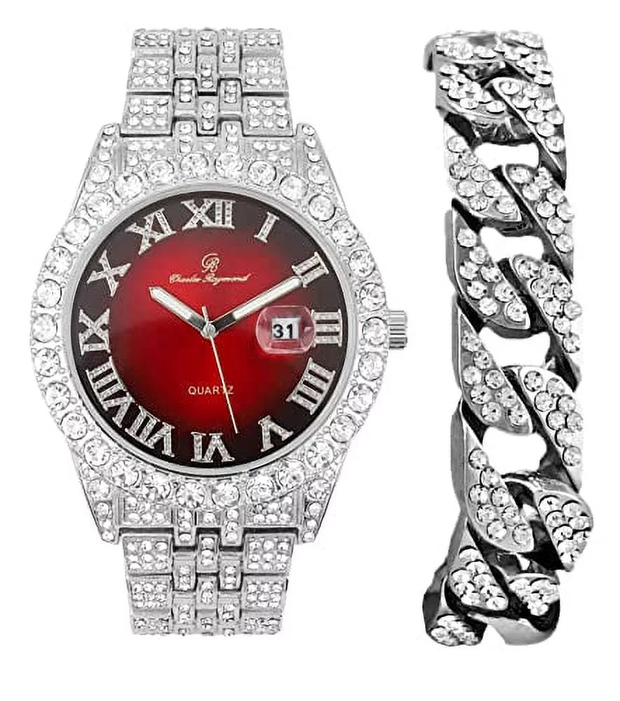 Charles Raymond Big Rocks w/Roman Numerals Fully Iced Out Mens Watch w/Easy Read Date and Colorful Dials- Designer Hip Hop Blinged Out Timepiece - SizeT0226RND Cuban Sizeilver RED