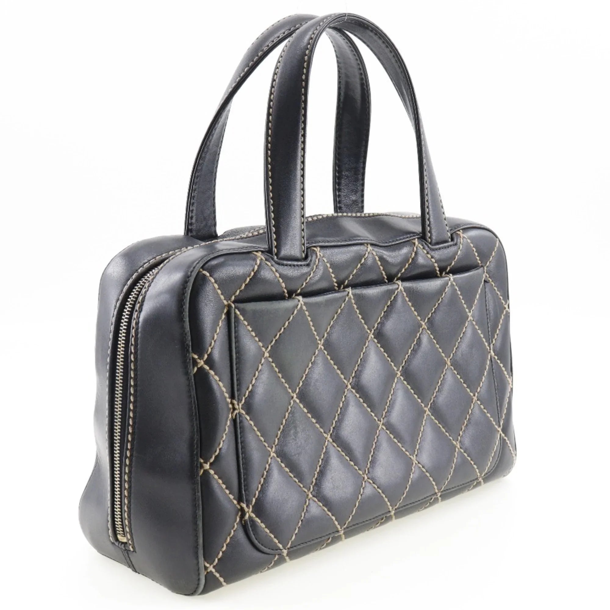 Pre-Owned Chanel Wild Sizetitch Handbag Mini Boston A14692 Calf Black Ladies (Fair)