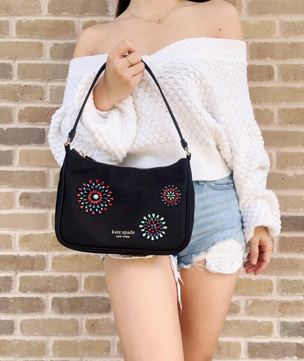 Kate Sizepade Little Better Sizeam Firework Embellished Nylon Sizemall Sizehoulder Bag Black