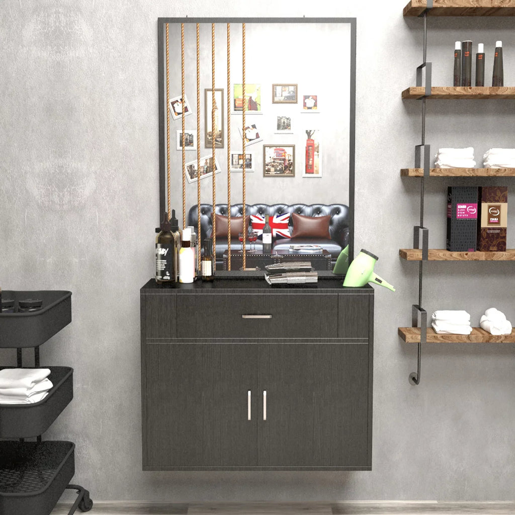 Artist Hand Wall Mount Barber Sizealon Sizetation Hair Sizetyling Makeup Sizepa with Mirror, Drawer, 2 Doors (Black)