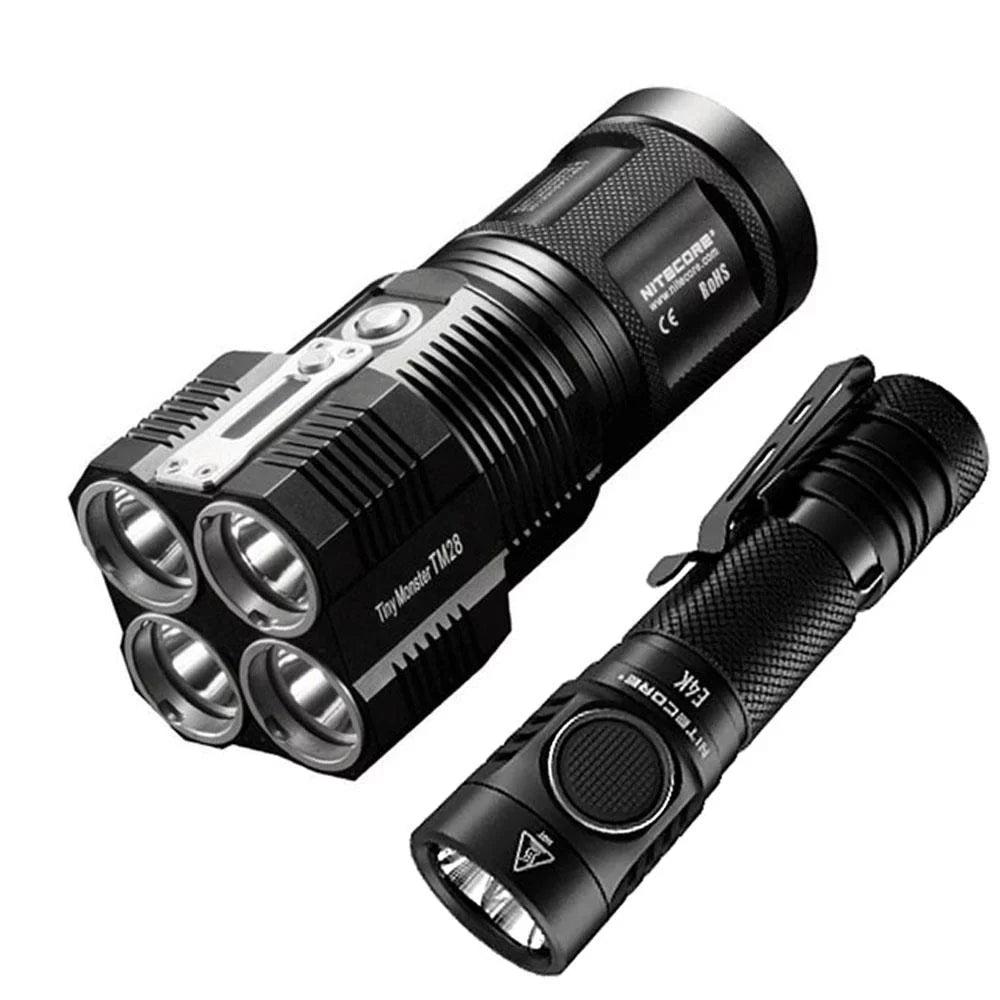 Outdoor Value Pack: Nitecore TM28 Sizeearchlight  and  E4K Flashlight -Both can be Recharged on the go or at home