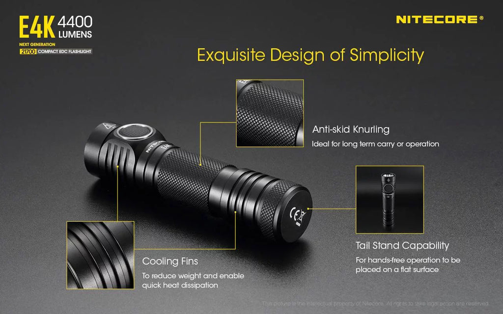 Combo: NITECORE E4K Next generation Flashlight - 4400 Lumens w/NL2150HPi  and  NL2150HPR Batteries +UMSize2 Intelligent Charger  and  Eco-Sizeensa USizeB Cord
