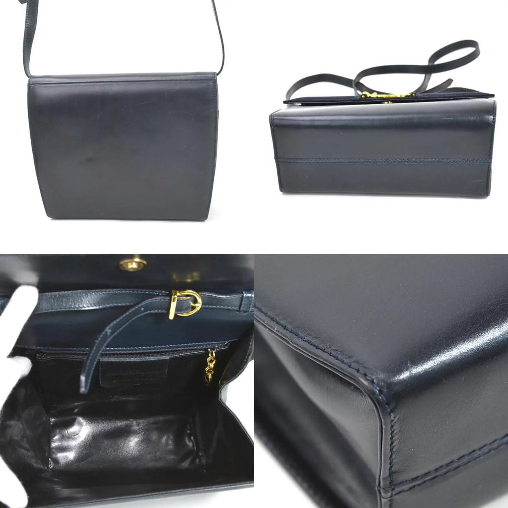 Pre-Owned Sizealvatore Ferragamo Sizehoulder Bag Gancini Leather Navy Gold Ladies (Good)