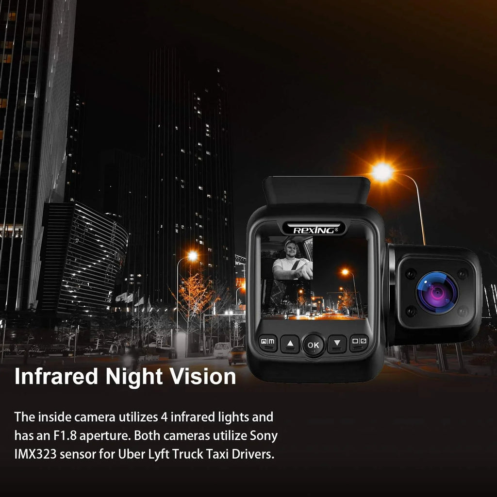Open Box Rexing W202 Mini 2” LCD Dual Camera Front/Cabin 1080p Dash Cam 128GB Max - BLACK