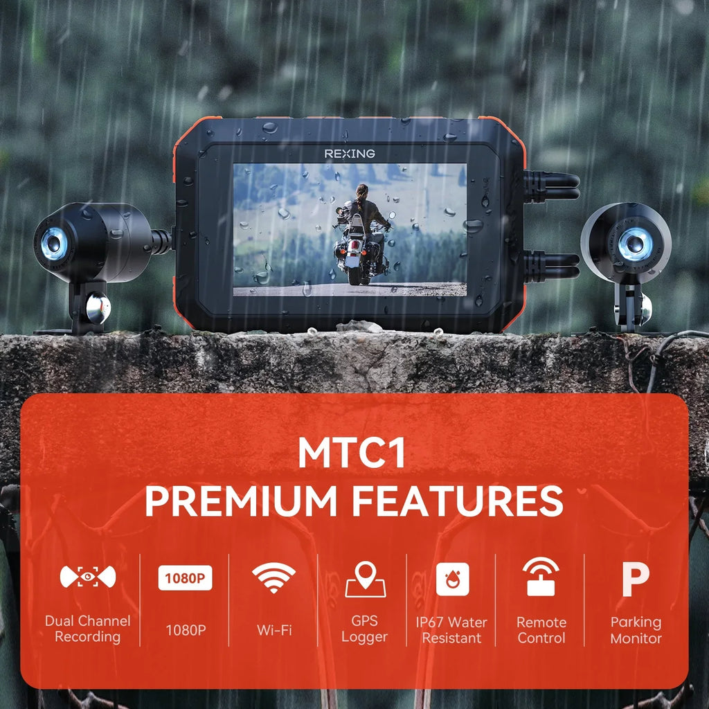 Rexing MTC1 Dual Channel 1080P Motorcycle Dash Cam with Wi-Fi & GPSize