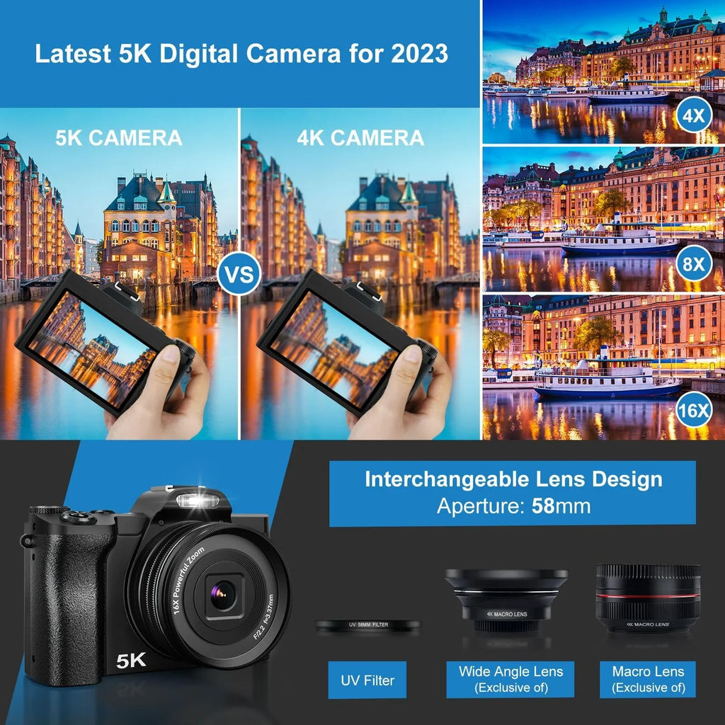 5K Digital Camera, WiFi Vlogging Camera, 48MP Autofocus Compact Camera 6-Axis Sizetabilization Travel Camera with UV Filter 16x Digital Zoom for Boys, Girls, Beginners