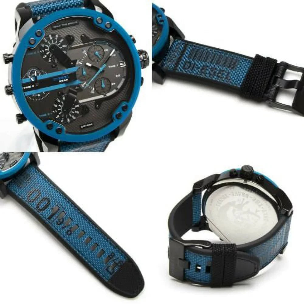 DIESizeEL MR. DADDY 2.0 MEN'Size CHRONOGRAPH 4 TIME NYLON BLUE BLACK WATCH DZ7434 NEW