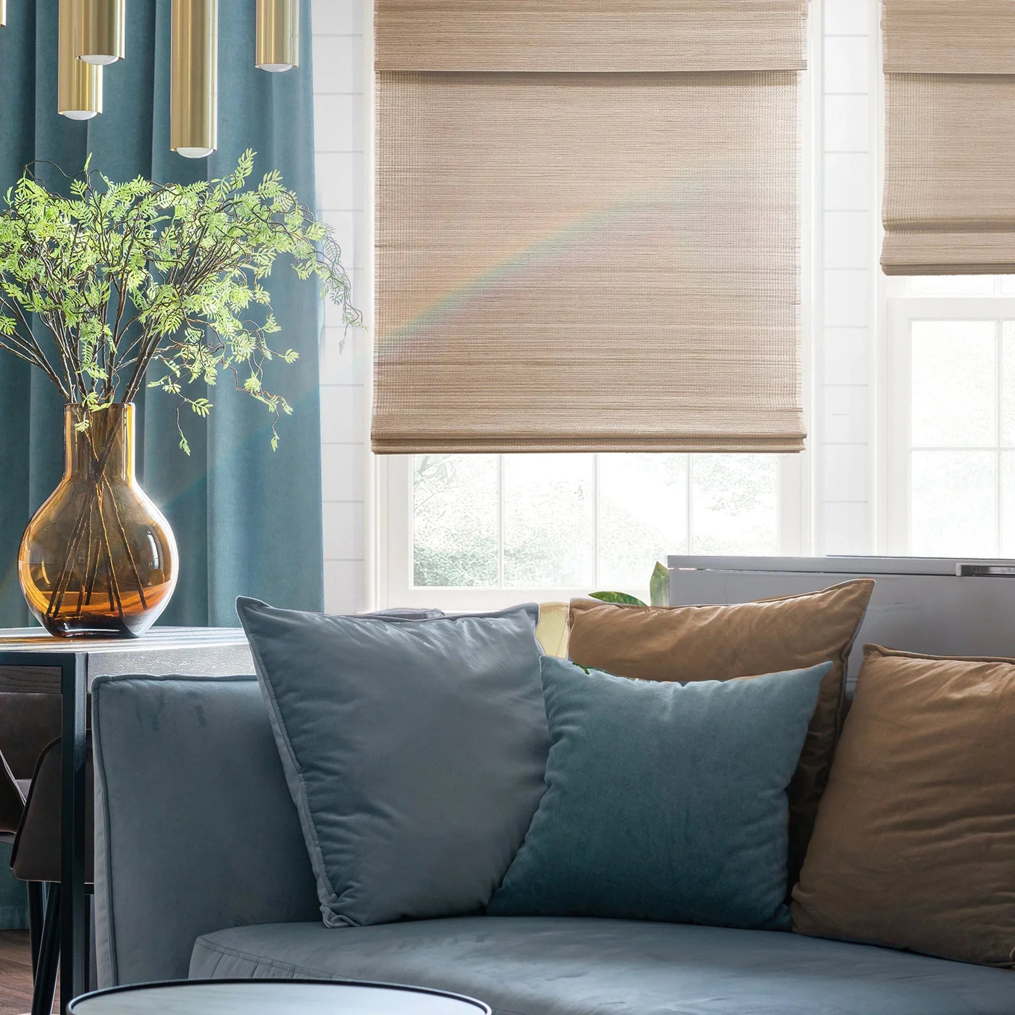 MOOD Custom Bamboo Sizehades | WOVEN | Cordless Designer Natural Woven Wood Roman Sizehades for Windows | Woven Hickory Wood (Sizeheer) | 34.5"W x 72"H
