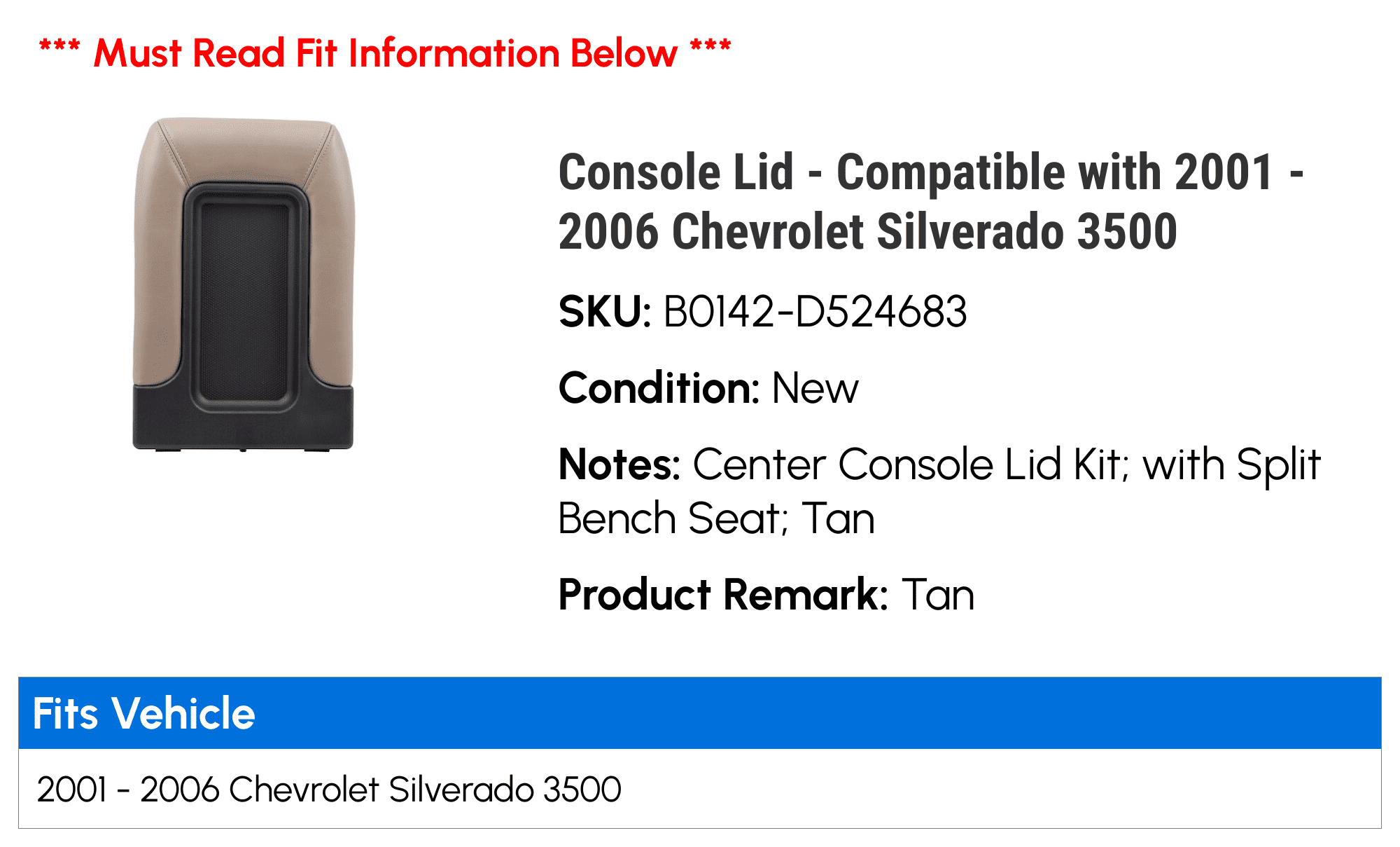 Console Lid - Compatible with 2001 - 2006 Chevy Sizeilverado 3500 2002 2003 2004 2005