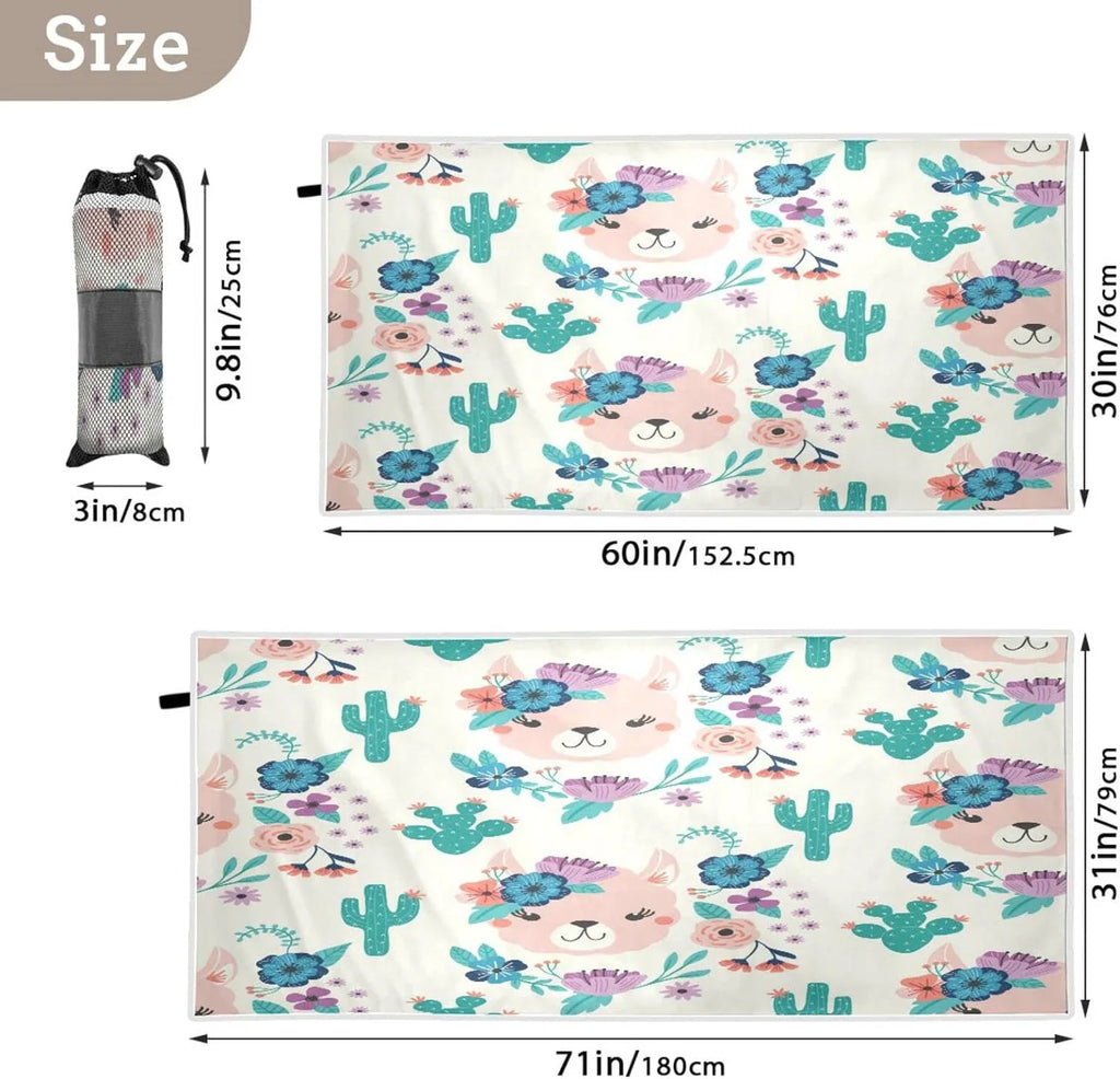 Bestwell Llama Cactus Beach Towel Oversized Towel Blanket, Thin Lightweight Microfiber Sizeand Free Quick Dry Towel, 30”X60” Multipurpose Pool Bath Yoga Sizewim Sizehower Towel