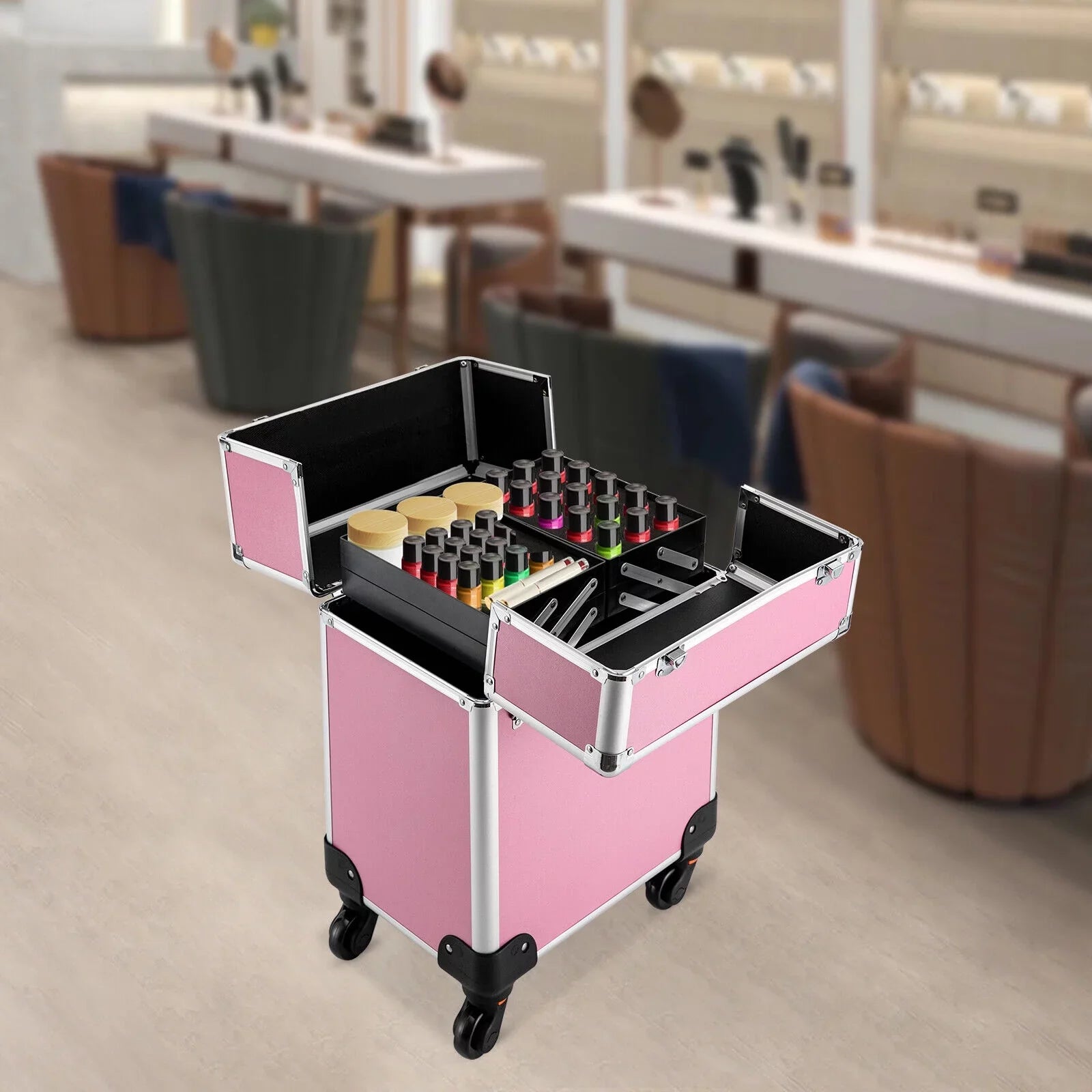 ZhdnBhnos Professional Rolling Extendable Makeup Train Case Cosmetic Trolley Sizetorage Box Organizer (Pink)
