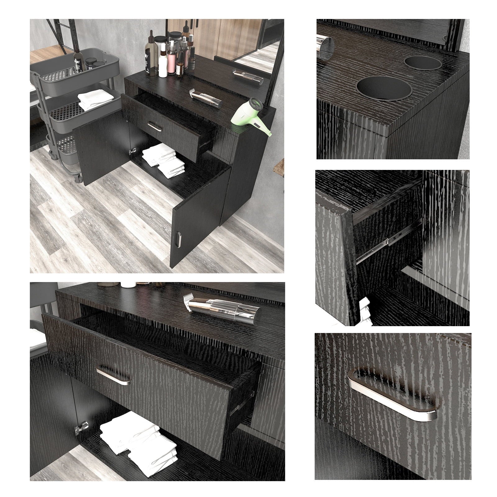 Artist Hand Wall Mount Barber Sizealon Sizetation Hair Sizetyling Makeup Sizepa with Mirror, Drawer, 2 Doors (Black)