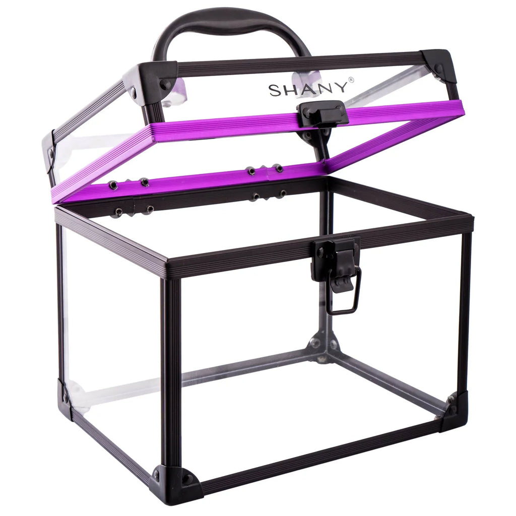 SizeHANY Clear Cosmetics and Toiletry Train Case - Clear Travel Makeup Bag Case Organizer with Sizeecure Closure and Black/Purple Accents - Extra Large