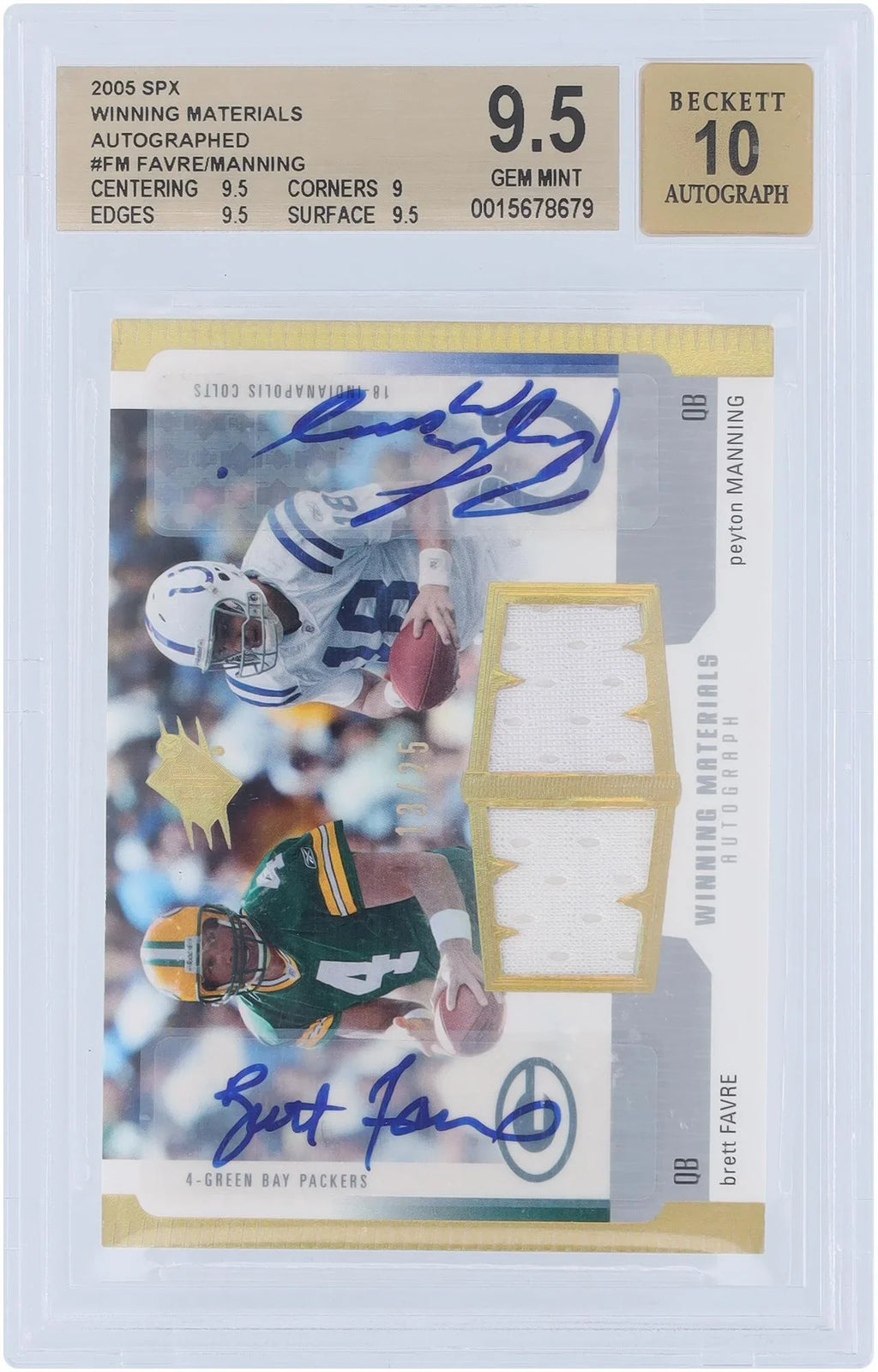 Brett Favre and Peyton Manning Autographed 2005 Upper Deck SizePX Dual Relic #WMR-FM #13/25 BGSize Authenticated 9.5/10 Card - 9.5,9,9.5,9.5 Sizeubgrades - Fanatics Authentic Certified