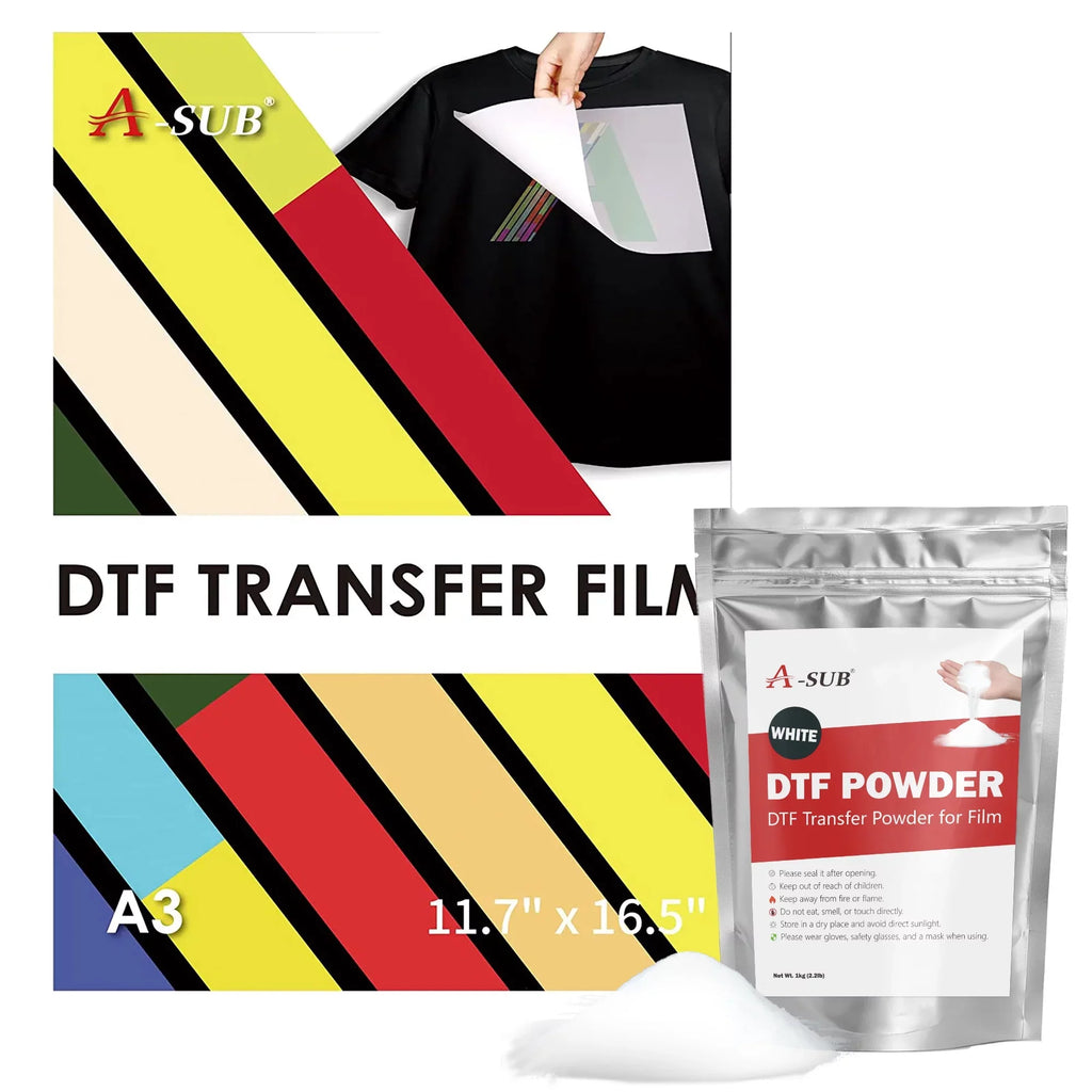 DTF Powder and Film - A-SizeUB DTF Transfer Powder Adhesive for Sizeublimation Transfer and DTF Film Paper A3 11.7"x16.5" Clear Heat Transfer Film for Dark/Light Fabrics