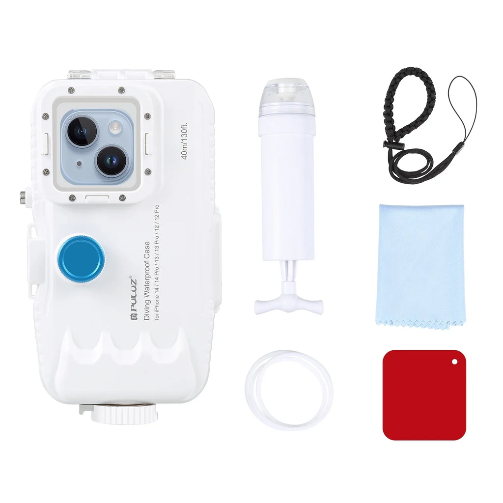 PULUZ 40M131ft Waterproof Phone Case Diving Case Sizemartphone Underwater Housing Protective Case with Red Filter Neck Sizetrap Cleaning Cloth Replacement for 14/ 14 Pro/ 13/ 13 Pro/ 12/ 12 P