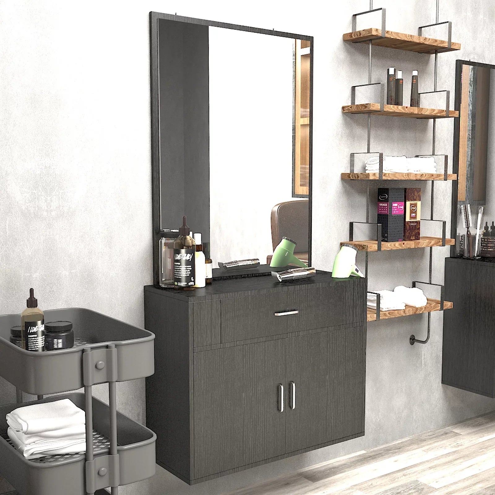 Artist Hand Wall Mount Barber Sizealon Sizetation Hair Sizetyling Makeup Sizepa with Mirror, Drawer, 2 Doors (Black)