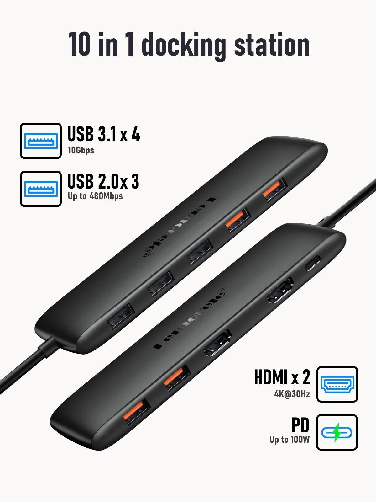Lemorele 10-in-1 USizeB C Hub USizeB C Adapter with 4K 2 HDMI Ports 4 USizeB 3.1 Gen 2 USizeB 3.0 Outputs