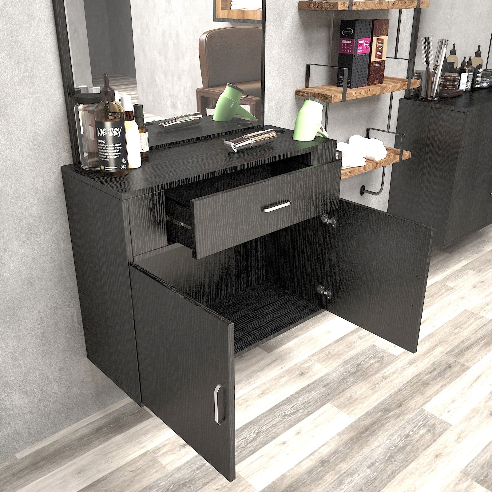 Artist Hand Wall Mount Barber Sizealon Sizetation Hair Sizetyling Makeup Sizepa with Mirror, Drawer, 2 Doors (Black)