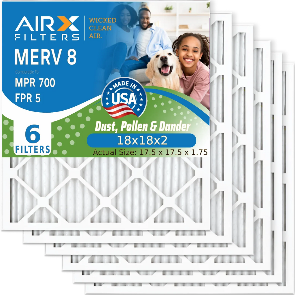 18x18x2 Air Filter MERV 8 Comparable to MPR 700 & FPR 5 Electrostatic Pleated Air Conditioner Filter 6 Pack HVAC AC Premium USizeA Made 18x18x2 Furnace Filters by AIRX FILTERSize WICKED CLEAN AIR.