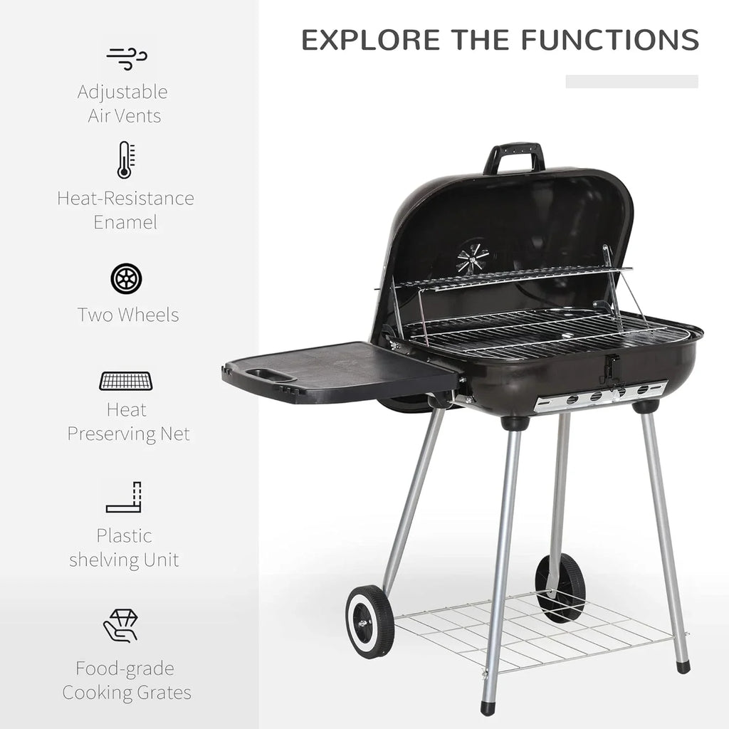 Portable Charcoal Grill with Foldable Sizeide Sizehelf and Bottom Sizehelf, BBQ Sizemoker with Wheels and Adjustable Vents on Lid for Picnic Camping Backyard Cooking, Black