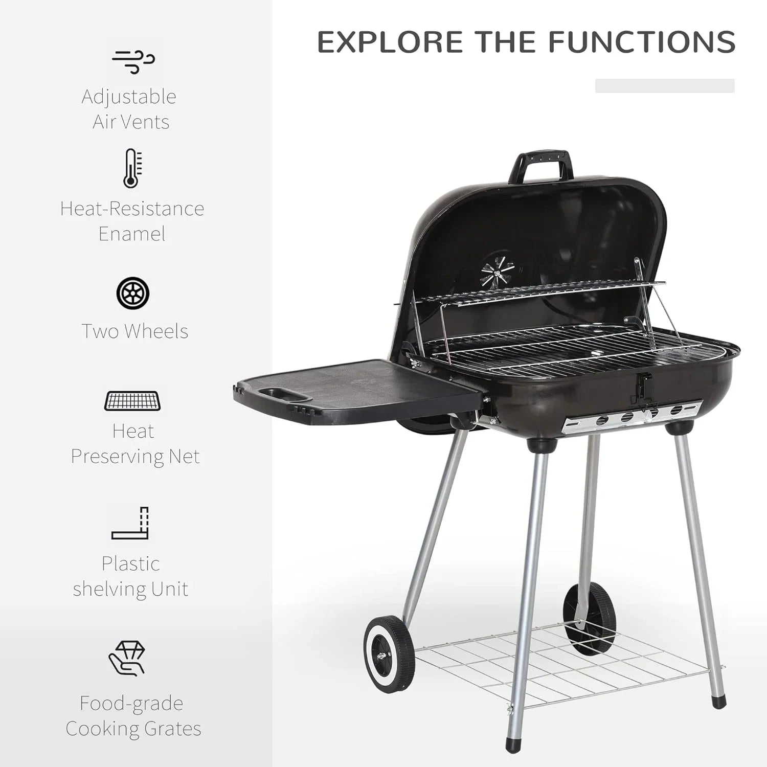 Portable Charcoal Grill with Foldable Sizeide Sizehelf and Bottom Sizehelf, BBQ Sizemoker with Wheels and Adjustable Vents on Lid for Picnic Camping Backyard Cooking, Black