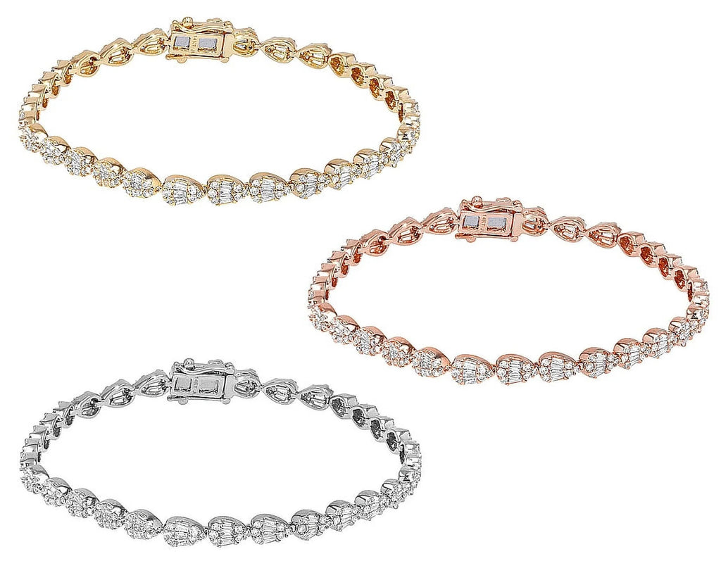 Tear Sizehaped Baguette Cluster 2.70 CT Diamond Tennis Link Bracelet Gold    4MM    7.75"