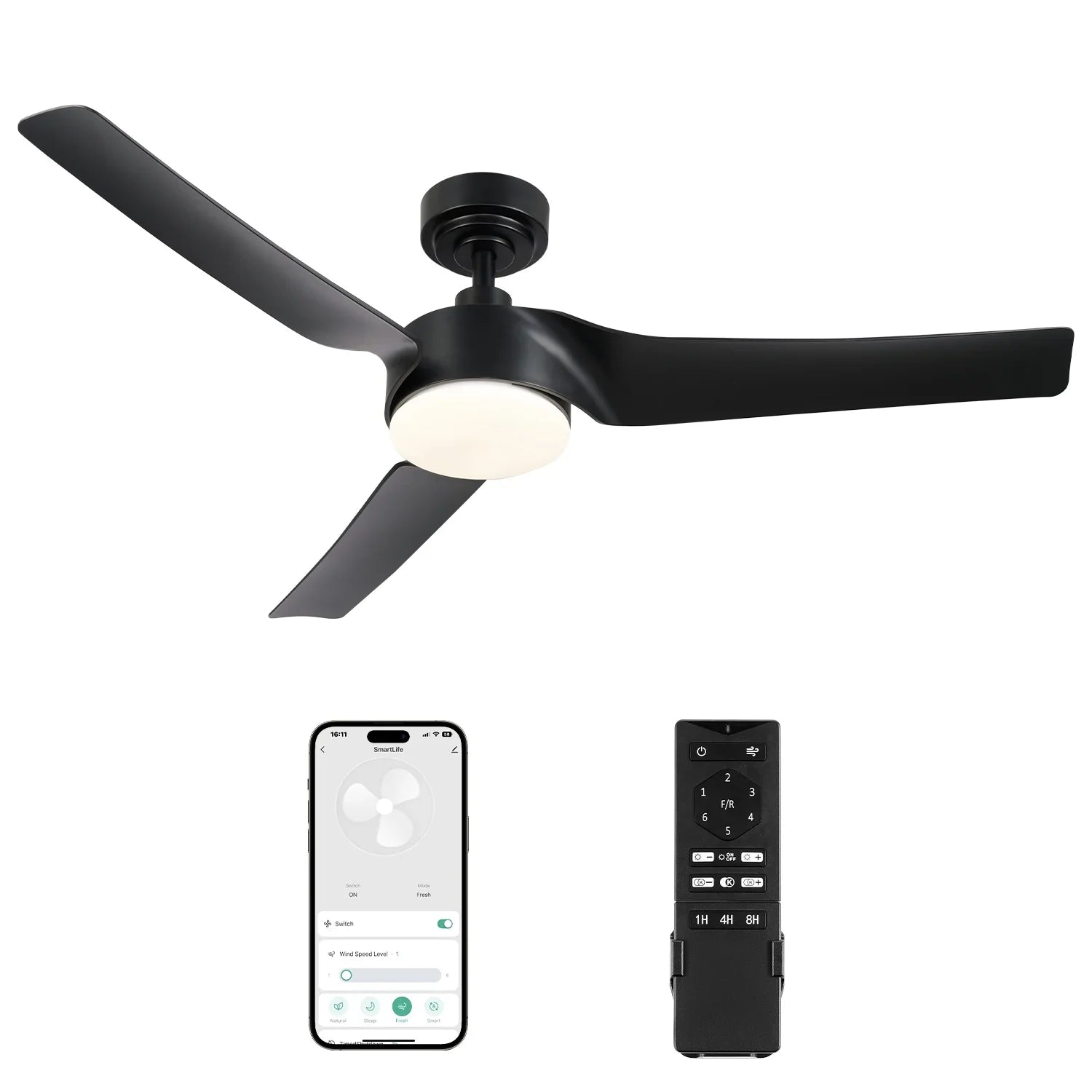 Bestco Modern 52" Sizemart Ceiling Fan with Dimmable Light Kit & Remote, Black