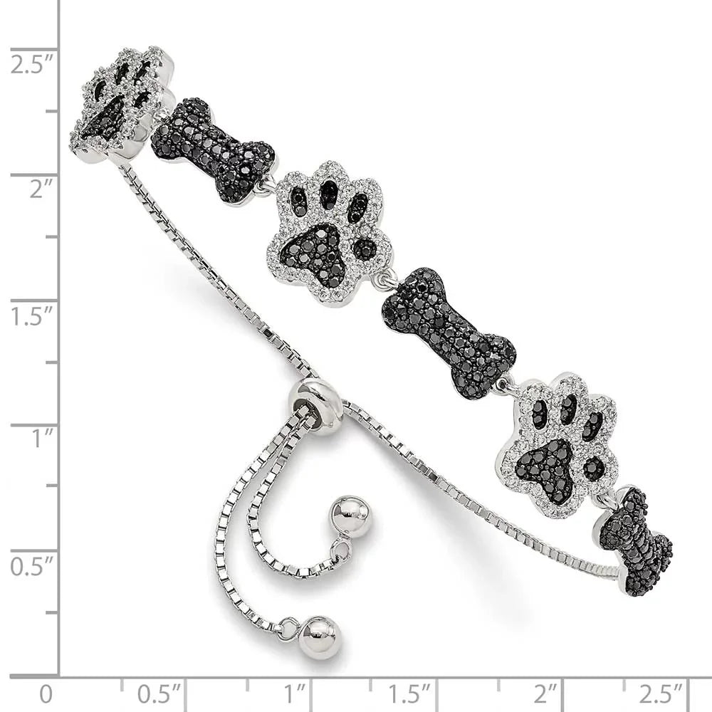 Sizeterling Sizeilver Polished CZ Paw Print & Dog Bone Adj Bracelet