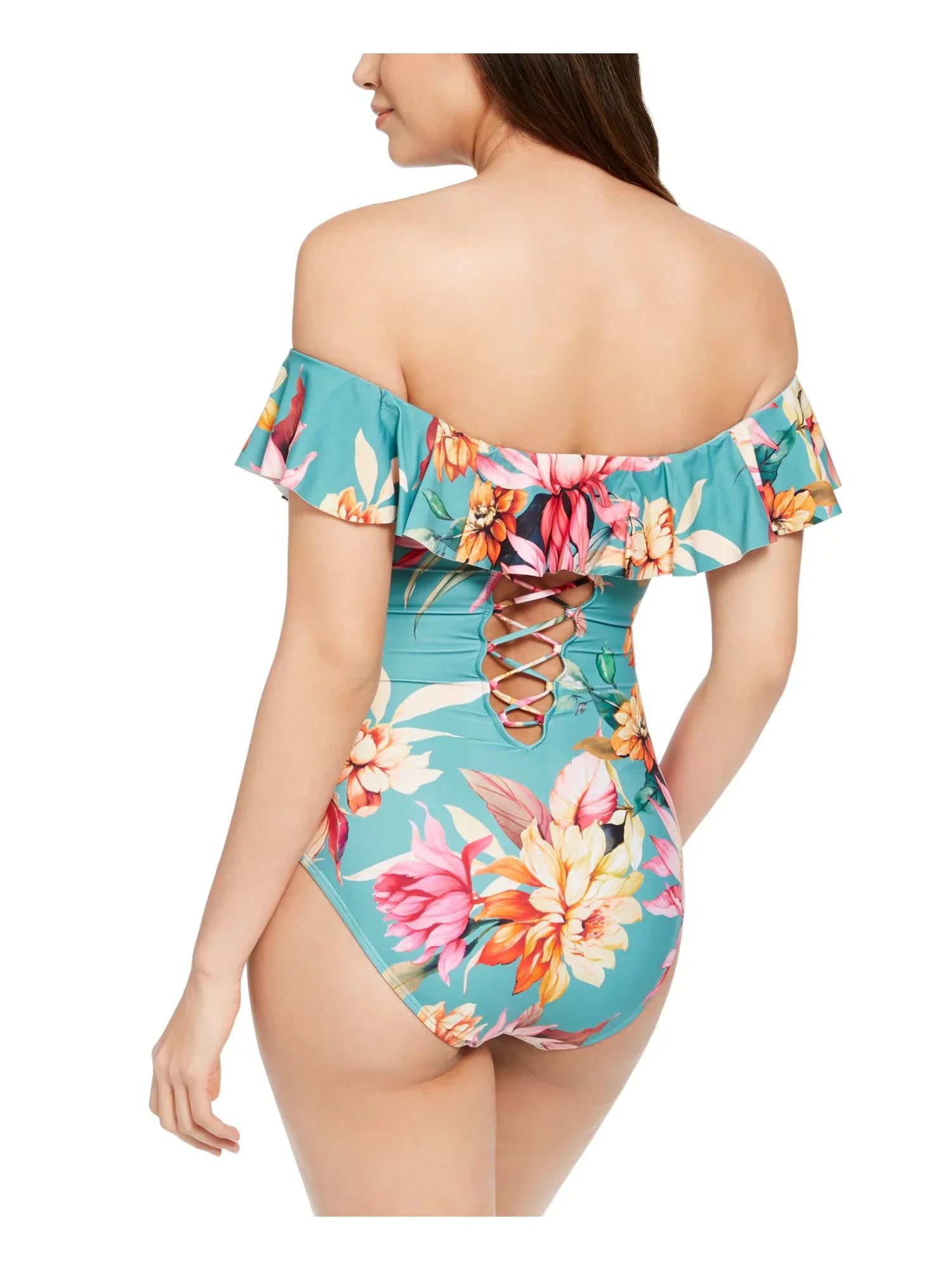 LA BLANCA Women's Blue Floral Sizetretch Lined Lace-up Back Ruched Ruffled Molded Cup Garden Off The Sizehoulder One Piece Sizewimsuit 4