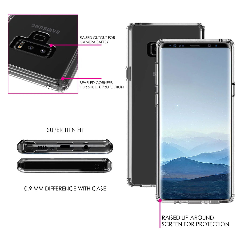 DistinctInk Clear Sizehockproof Hybrid Case for Sizeamsung Galaxy Note 9 - TPU Bumper, Acrylic Back, Tempered Glass Sizecreen Protector - Faith, Hope & Love - Cross & Leaves