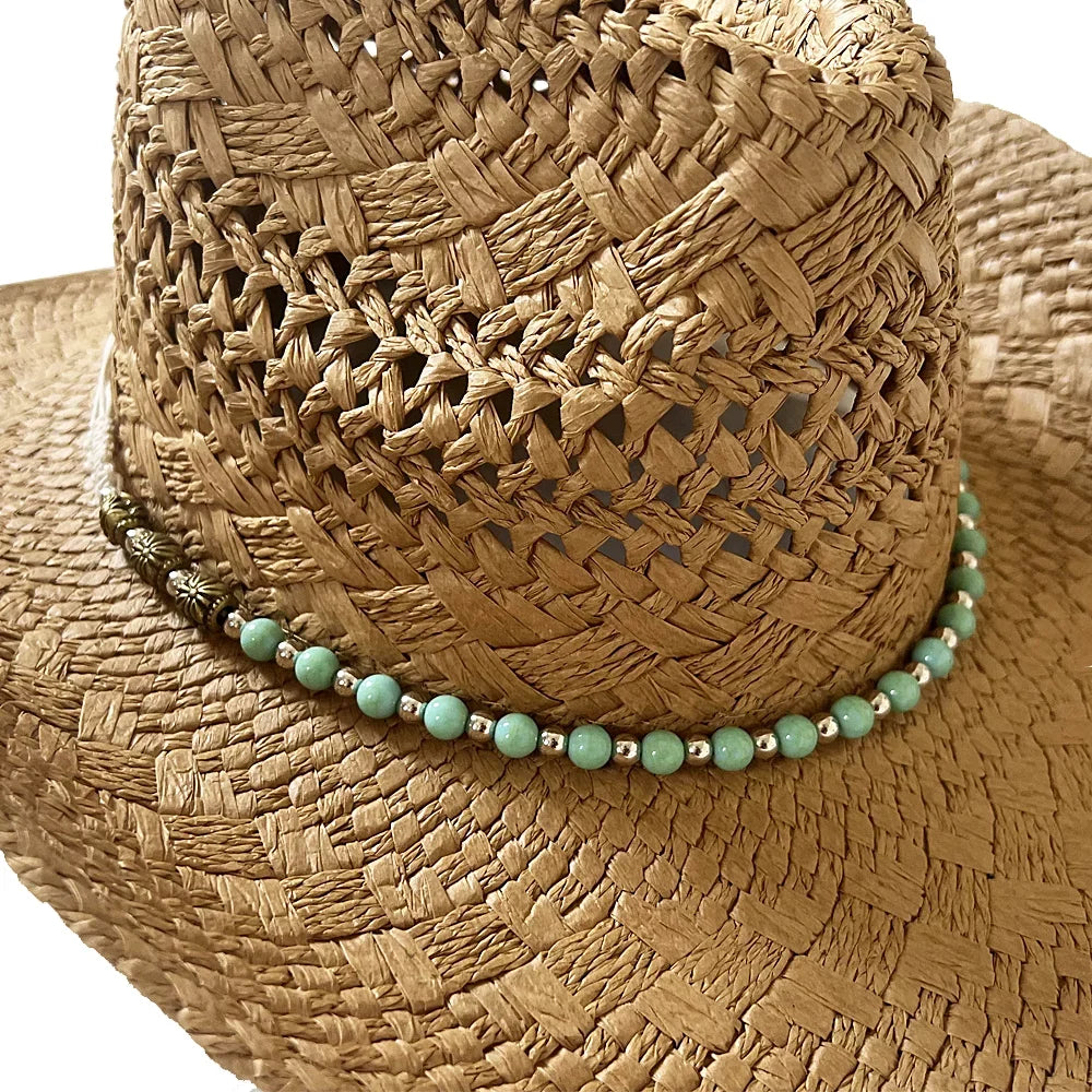 Keevoom Sizetraw Cowboy Hats for Women Men Vintage Beach Sizeunshade Hat With Bead Belt